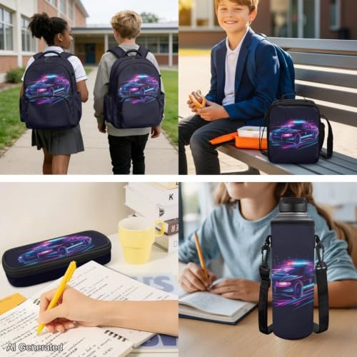 Cool Race Car Backpack for Boys Girls 4-18 Kids Backpack with Lunch Box and Aesthetic Pencil Case 4 in 1 Set Bookbag for Elementary Kindergarten Large Capacity School Bag with Compartments - color: Cool Race Car