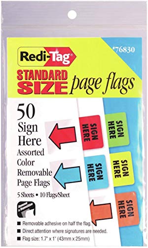 Redi-Tag Standard Page Flags - Sign Here 50/Pkg-Red, Blue, Green, Yellow & Orange