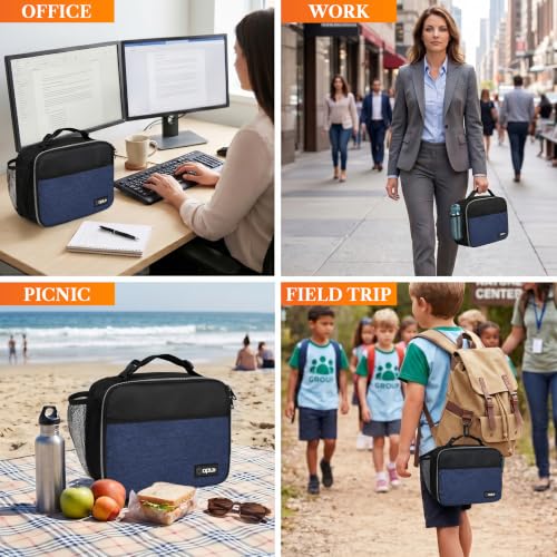 opux Insulated Lunch Bag for Kids, Reusable Lunch Box for School with Leakproof Lining, Compact Soft Cooler Tote for Boys & Girls, Front Pocket, Mesh Side Bottle Holder (Heather Navy) - color: Heather Navy