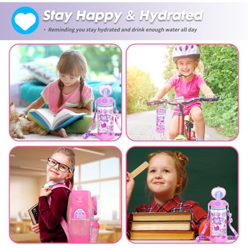 Kids Water Bottle with Straw/Lanyard for School Kids Girls Boys, 22oz BPA Free Child Drinking Water Bottle One-Click-Open Leak-Proof Locking Flip Lid for School Sport Travel - color: H08. Heart