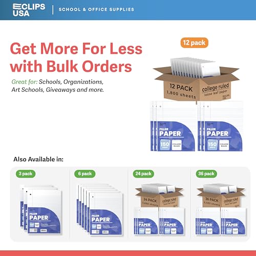 Loose Leaf Paper College Ruled Notebook Paper College Ruled Lined Writing Filler Paper 10.5” x 8” 1800 Sheets 150 Sheets Per Pack 60 gsm (12 Pack) - size: 12 Pack