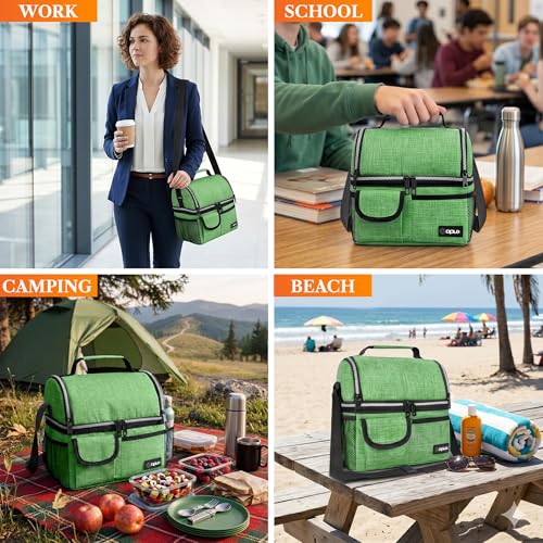 opux Insulated Lunch Bag Women Men, Dual Compartment Leakproof Lunch Box Adults Kids, Double Decker Meal Prep Bento Lunch Cooler Tote with Shoulder Strap for Work Office School Travel, Green - color: Heather Green