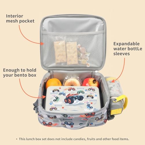 rockpapa Kids Lunch Box Set with 14oz Insulated Water Bottle & Lunch Bag, Leakproof 5.5 Cups Bento Box for School & Children, BPA-Free, Microwave Safe for Boys Girls (Grey Trucks) - color: Grey Trucks