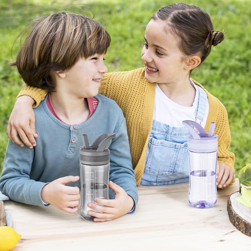 14oz Clear Kids Water Bottle with Straw Lid, BPA-Free Tritan, Measurement Scale, Sturdy Handle Wide Mouth Leak-proof Reusable Plastic Bottle for Boy& Girls, Back to School(Gray) - color: Gray