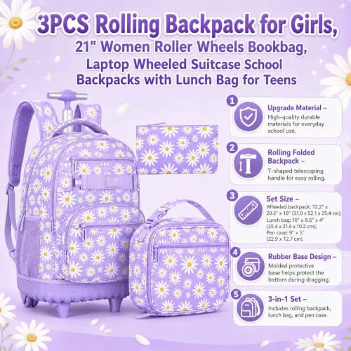gxtvo Girls Rolling Backpack, Women Roller Bookbag with Lunch Box for Adults, Water Resistant Wheeled School Bag for College Teens Kids Travel - Purple Flower - color: Chrysanthemum Purple