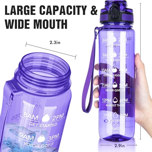 OLDLEY Water Bottle, 32oz Motivational Sports Water Bottle with Time Marker - Times to Drink - Tritan, BPA Free, Wide Mouth Leakproof,Deep Purple - color: Deep Purple