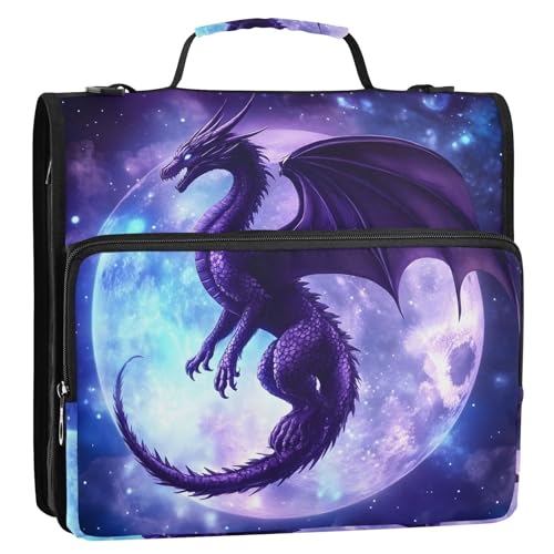 3 Ring Zipper Binder with Shoulder Strap Dragon Moon 2 Inch Zippered Binder Bag 500 Sheet Capacity Multi Pockets for School Supplies - color: Multi14