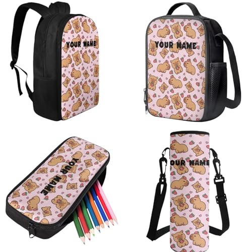 Personalized Capybara Bag,Soft Bookbag School Supplies for Kids Back to School Backpacks for 3rd Grade Boys Custom Name Children's Lunch Box Pencil Case Water Bottle Holder Set of 4 - color: Strawberry Capybara--custom