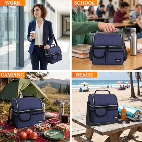 opux Insulated Lunch Bag Women Men, Dual Compartment Leakproof Lunch Box Adults Kids, Double Decker Meal Prep Bento Lunch Cooler Tote with Shoulder Strap for Work Office School Travel, Navy Blue - color: Heather Navy