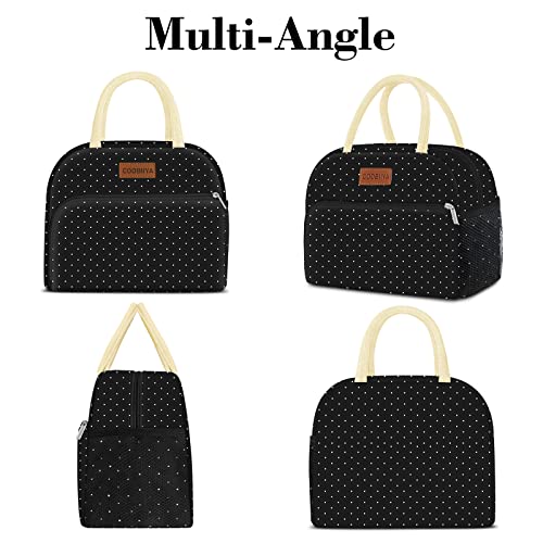 Coobiiya Lunch Bag Women,Lunch Box LunchBag for Women Adult Men, Small Leakproof Cute Lunch Tote Large Capacity Reusable Insulated Cooler Lunch Container for Work/Office/Picnic/Travel-Black Polka Dot - color: Dot