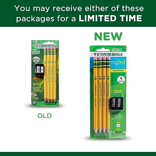 My First Ticonderoga Primary Size #2 Beginner Pencils, Pre-Sharpened, 4 Pencils with Bonus Sharpener, Yellow (33309)