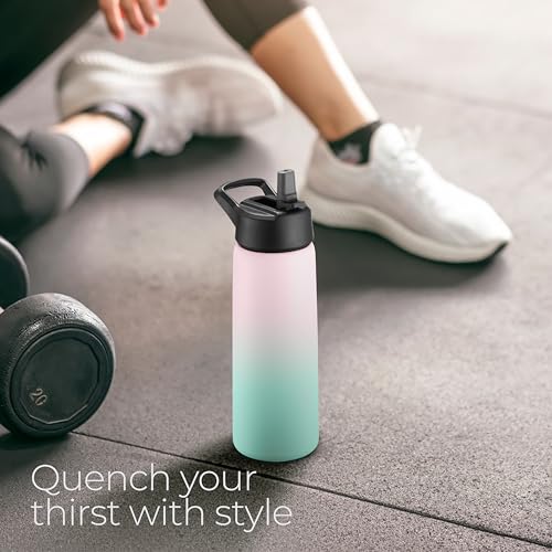 SipX™ 25 oz Insulated Water Bottle with 3 Lids – Leakproof Stainless Steel, Triple Insulated – Cold 24 Hours/Hot 12 Hours – Durable Bottle for School, Gym, Travel – Gradient Mint Pink - color: Gradiant Mint Pink, size: 25 Ounces