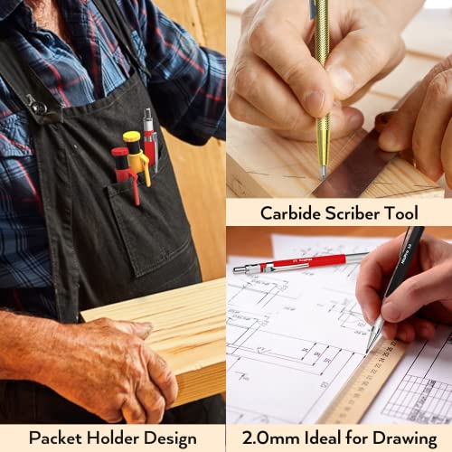 Nicpro 18 Pack Carpenter Pencil Set with Sharpener, Mechanical Carpenter Pencils with 76 Refills and Carbide Scribe Tool, Deep Hole Marker, Heavy Duty Construction Pencil for Architect-With Case - style: Set 2