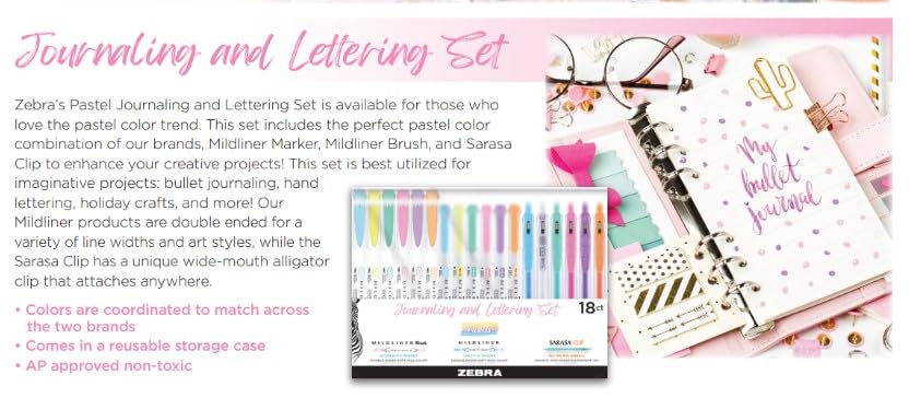 Zebra Pen Journaling and Lettering Set, 18-Pack Pastel Colors, Includes 6 Mildliner Highlighters, 6 Brush Pens, and 6 Sarasa Clip Gel Pens, Ideal for Creative Planning and Hand Lettering (76018) - style: Calligraphy and Journaling Set