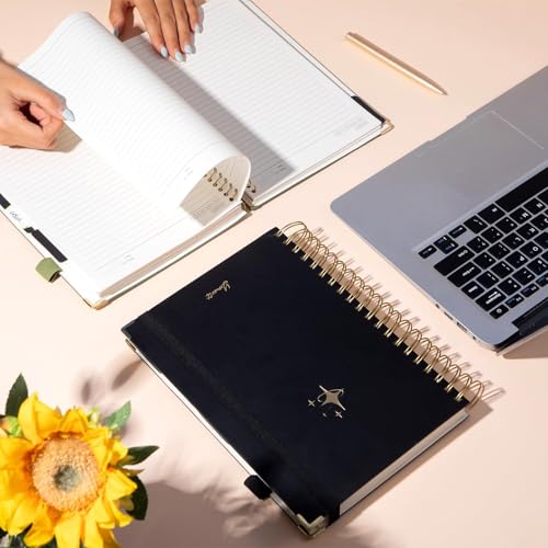 FLYING EAGLE Leather Spiral Notebooks for Work 5 Subject Notebook College Ruled with Dividers Pen, 360 Pages B5 Hardcover Lined Journals for Women Men Writing,Black - color: B.black