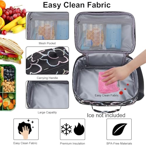 RHCPFOVR Kids Lunch Bag - Insulated Lunch Box for Boys Girls,Washable Lunch Bag and Reusable Toddler Leak-proof Lunchbox for School and Daycare - color: Black embroidered flowers