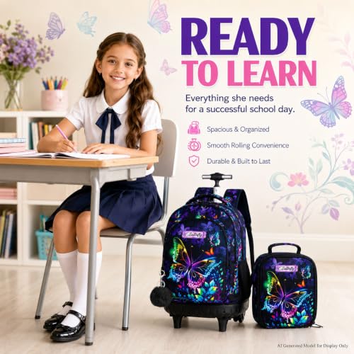 HPJGD 3PCS Rolling Backpack for Girls, Womens Butterfly School Backpacks with Wheels, Water Resistant Roller Kids Wheeled Bookbag Set with Lunch Box - color: Black Butterfly Rolling Set