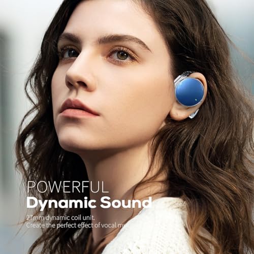 Open Ear Headphones Wireless, 52Hrs Playtime, with Hook Bluetooth Headset | Lightweight Earphones, Clip-On Ear Design, Dual Device Pairing, for Workouts - color: White Blue