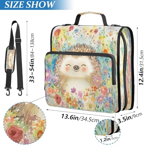 Watercolor Flower Hedgehog Zipper Binder 3 Ring with Handle and Shoulder Strap, 500 Sheet Binder Organizer Capacity & Multi-Pockets for School Office - color: A3593
