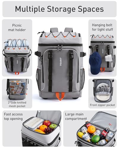 TOURIT Insulated Rolling Cooler Backpack, Leakproof Waterproof Beach Cooler Bag with Wheels and Handle, Outdoor Camping Picnic Travel - color: 02-Grey, style: 50 Cans
