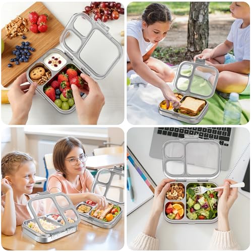 LOHASOK Kids Stainless Steel Lunch Bento Box BPA-Free Leak-Proof Tritan Lid 304 Metal Food Container with 3 Compartments for Girls Boys School Grey - color: Gray, size: 27oz/800ml