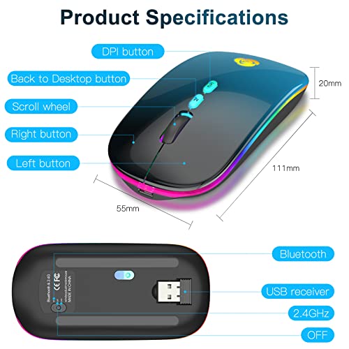 LED Wireless Mouse, Bluetooth Mouse &2.4GHz Instant Connection,Rechargeable Ultra Silent Slim,3 DPI 2 Connection Modes with USB-C to USB Adapter for Laptop/MacBook/PC/Tablet/iPad (Black-blue) | Bluetooth mouse with 2.4GHz USB receiver, silent slim design,