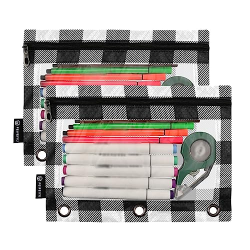 Fisyme White and Black Buffalo Plaid Pencil Pouch for 3 Ring Binder Pencil Case Pencil Bag Zipper Pouch with Clear Window for Office Supply 2 Pack - color: Multi-19