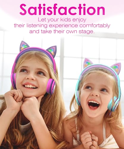 FosPower Kids Headphones with LED Cat Ears (85dB Safe Volume Limit), 3.5mm Soft On-Ear Wired Headphones with Tangle-Free Laced Cables for iPad/Tablet/School/Travel - Hot Pink/Purple - color: 01 - Hot Pink/Purple