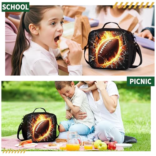 Fire American Football Lunch Box for Boys Girls Black Lunch Bag with Shoulder Strap for Kids Teens Durable Large Capacity Insulated Lunchbox Thermal Meal Bag for School Picnic - color: A-S-American football