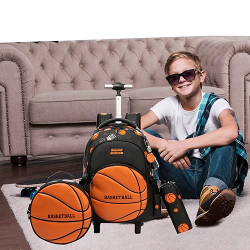 Kids Rolling Backpack Roller Backpack with Wheels Elementary Kindergarten Students Basketball Trolley School Bag for School Boys - color: Orange