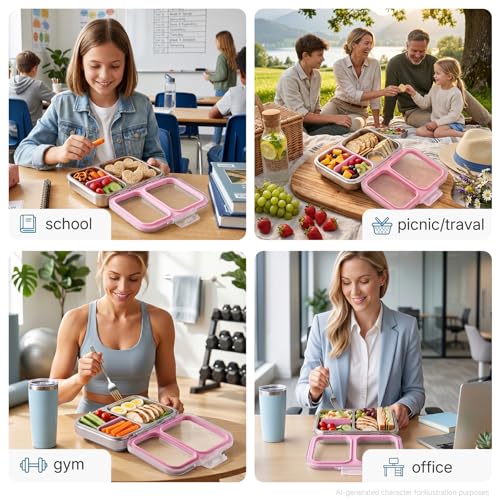 Leak-Resistant 18/8 Stainless Steel Bento Lunch Box Kids 7+ and Adults | 2 Swappable Style Accessories, BPA-Free Tritan Lid, Dishwasher Safe, School, Office & Travel - color: Pink