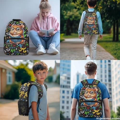 17 Inch School Backpack for Kids, Cute Hamste Print 4PCS Set Elementary Bookbag with Lunch Bag Pencil Case Water Bottle Holder for 6-11 Years, Back to School Supplies - color: Cute Hamste