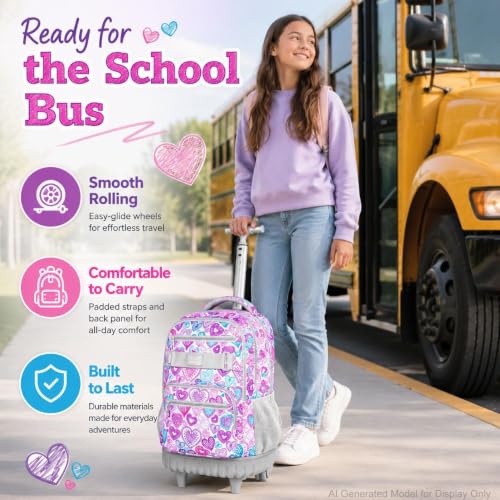 3pcs Rolling Backpack for Girls, 19 Inche Adult Bag with Roller Wheels, Wheeled Bookbag Set for Women - PinkGrey - color: Love Pinkgrey