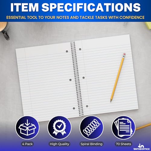 1InTheOffice Spiral Notebook 8.5x11 Wide Ruled, 1-Subject Notebooks, Wirebound Spiral Notebooks, 3-Hole Punched, 70 Sheets, Assorted Colors, 4 Pack