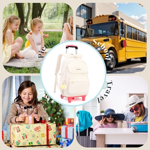 EKUIZAI Solid Girls Rolling Backpack for Kids Roller Bookbag with Wheels for Middle School Students Girls Trolley Backpack, Pink - color: A-6-wheel Pink, style: 6 Wheels
