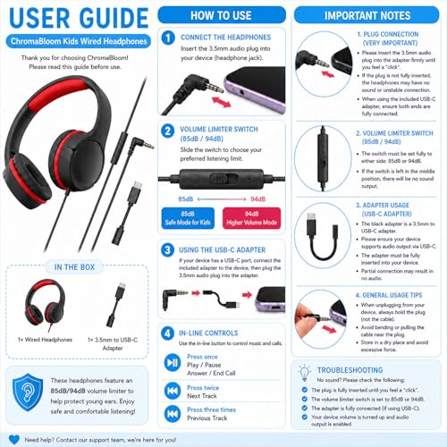 Kids Wired Headphones for School, Over-Ear Children's Headphones with Microphone, Foldable 85/94dB Volume Limited Headphones, 3.5mm & USB-C Compatible(Hero Black) - color: Hero Black