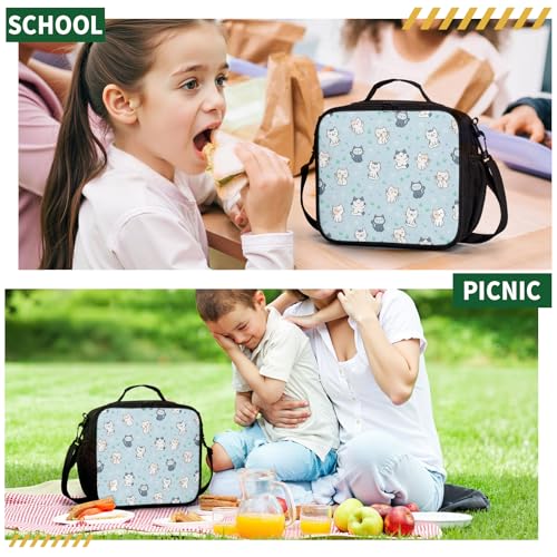 Cute Blue Cat Kids Lunch Box for Boys Girls Kawaii Kitten Insulated Lunch Bag Reusable Thermal Lunchbox Leakproof Cooler Tote Bag for School Office Picnic Travel - color: Blue Cat