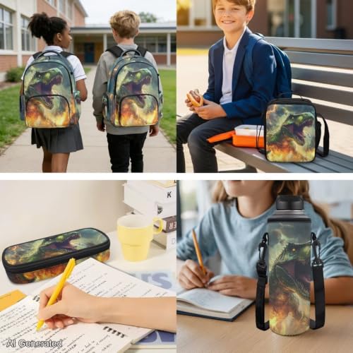 Cool Dinosaur Backpack for Kids 5-7 Boys Backpack with Lunch Box Water Bottle Carrier with Strap and Soft Pencil Case Elementary 4PCS Set Bookbag Front Side Pocket 17 inch School Bag - color: Cool Dinosaur