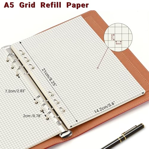 Beige A5 6-Hole Grid-Ruled Loose Leaf Refill Paper(Pre-Punched)-Fits A5 6-Ring Binder, 100GSM Thick No Bleed-through Sheets, Double Sided Writing for Fountain Pen & Gel Pen(2 Pack) - size: Grid-A5-2