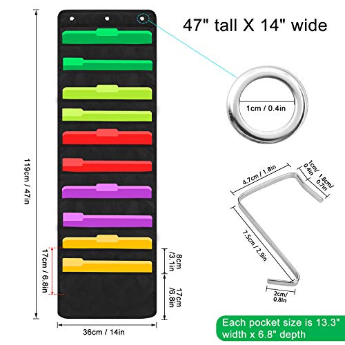 Heavy Duty 10 Pocket Door Hanging File Organizer, Black Wall Storage Pocket Charts with 3 Hangers, Great for Classroom, School, Home or Office Use (10 Pocket) - size: 10 Pocket