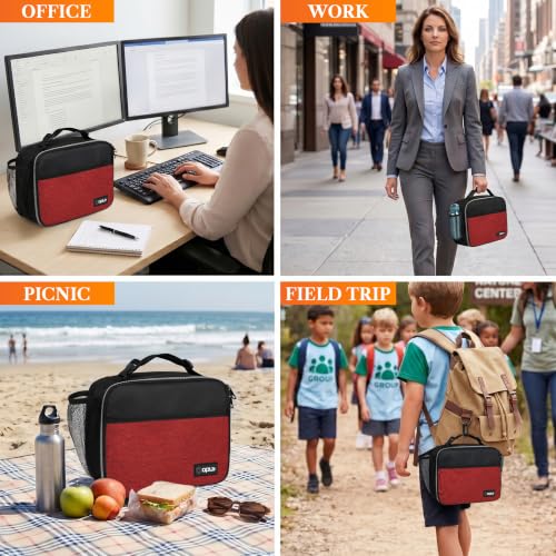 opux Insulated Lunch Bag for Kids, Reusable Lunch Box for School with Leakproof Lining, Compact Soft Cooler Tote for Boys & Girls, Front Pocket, Mesh Side Bottle Holder (Heather Red) - color: Heather Red