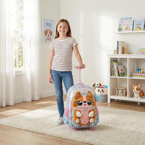 Cute Rolling Backpack for Girls,Lightweight Kids Backpack with Wheels,Wheeled School Bookbag with Pencil Case Lunch Box for Students - color: Orange Dog