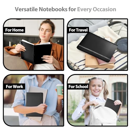 A5 Lined Spiral Journal Notebook, 146 Pages Hardcover Notebook with 100 GSM Thick Paper, Inner Pocket & Elastic Closure, 5.7" x 7.9", Notebooks for Work, School, College, Office, Journaling & Note Taking - color: BLACK