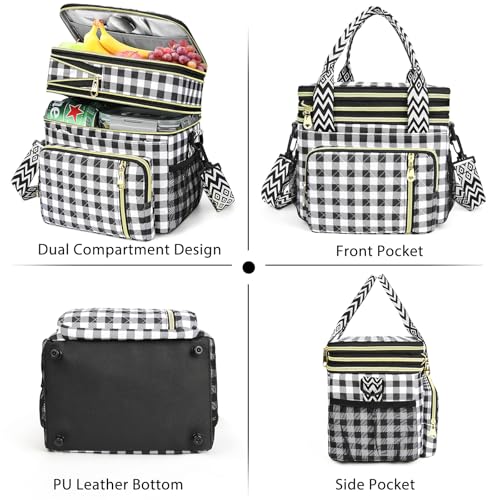 LOKASS Lunch Box for Women-16L-Insulated Lunch Bag Women, Expandable Double-layer Leakproof Cooler Bag with Upgrade Adjustable Shoulder Strap Ideal for Work/Travel/Picnics(Black&White Check) - color: Black&White Check