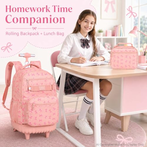 gxtvo Roller Backpack for Girls, Women Rolling Bookbag with Lunch Box for Adults, Water Resistant Wheeled School Bag for College Teens Kids Travel - Pink Bow - color: Girls Rolling Backpack Bow Pink