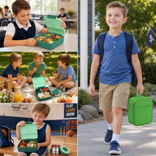 Itslife Bento Lunch Box for Kids with 8oz Soup Thermo&Lunch Bag, Leak-Proof Lunch Food Containers with 4 Compartment, Hot Food Insulated Food Jar for Kids School (Green) - color: Green
