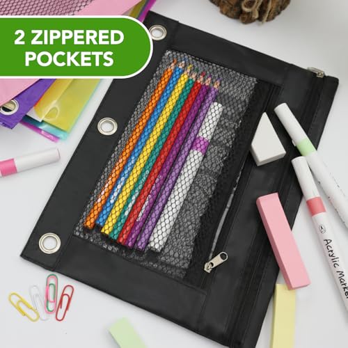 Pencil Pouch for 3 Ring Binder, Zipper Pen Case Bag with 3 Reinforced Grommets, Clear Window & Mesh Pocket, Binder Pouch School Office Supplies for Boys Girls (Black)