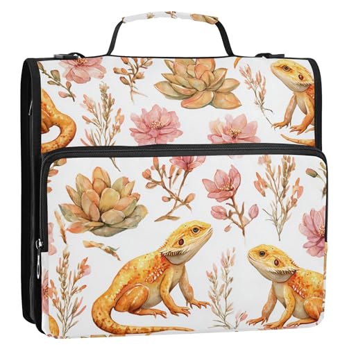 Fisyme Floral Bearded Dragons Zipper Binder 3 Ring with Zipper and Shoulder Strap Large Capacity Multi-Pocket Binder Organizer