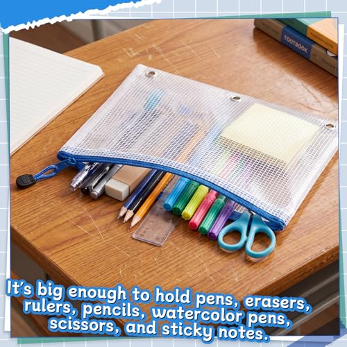 24 Pcs 7x10 Inch Pencil Pouch for 3 Ring Binder, Mesh Zipper Binder Pouches, Waterproof Clear Pencil Bags Bulk, Multi-Color Back to School Cash Envelopes(White) - color: White
