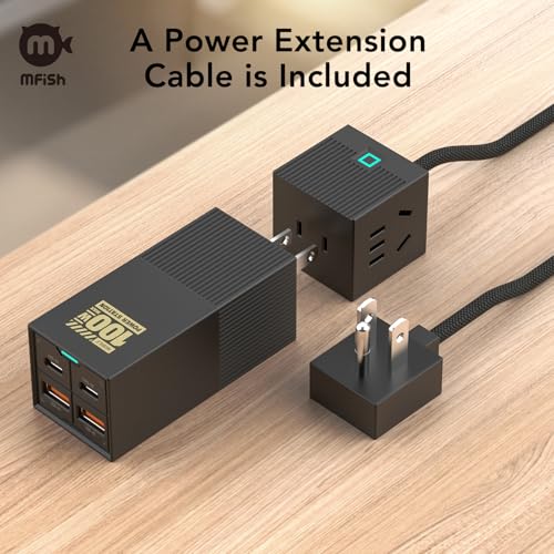 MFish 100W USB-C Charger with Extension Line, Fast Laptop GaN Charging, 4-Port USB-C & USB-A Wall Charger Power Adapter Ports for MacBook, Dell XPS, iPhone 17/16/15 Pro Max, Tablet 6-in-1 Power Strip